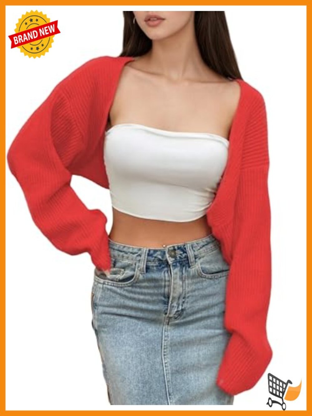 Y2K Open Front Rib Knit Shrug Crop Cardigan Puff Long Sleeve Bolero Top